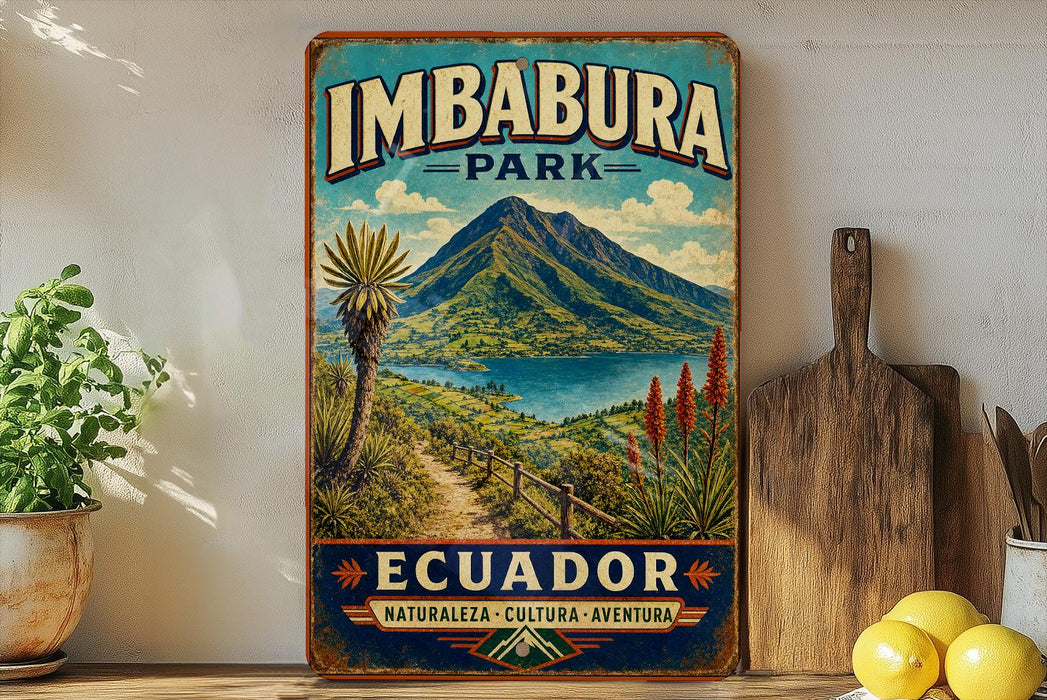 A vintage-style sign for Imbabura Park in Ecuador, featuring a mountain landscape with a lake and palm trees.
