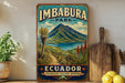 A vintage-style sign for Imbabura Park in Ecuador, featuring a mountain landscape with a lake and palm trees.