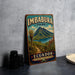 A vintage-style sign for Imbabura Park in Ecuador, featuring a scenic landscape with a mountain, palm trees, and a lake.