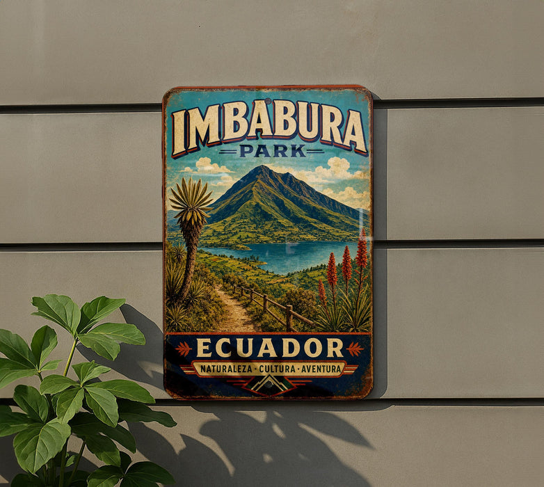 A vintage-style sign for Imbabura Park in Ecuador, featuring a mountain landscape and a path leading to a lake.