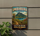 A vintage-style sign for Imbabura Park in Ecuador, featuring a mountain landscape and a path leading to a lake.