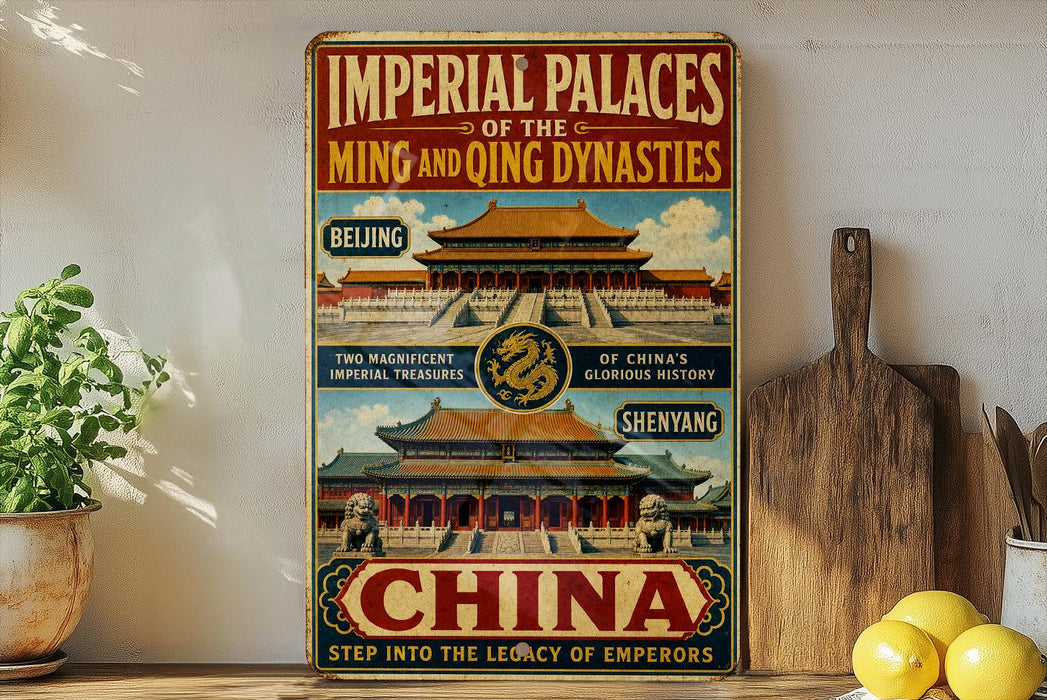 A vintage-style poster advertising the Imperial Palaces of the Ming and Qing Dynasties in Beijing, China.