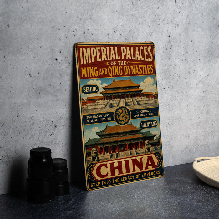 A vintage-style poster advertising the Imperial Palaces of the Ming and Qing Dynasties in Beijing, China.