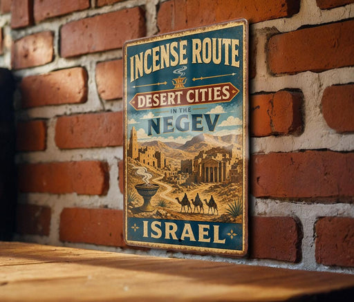 A vintage-style metal sign with the text "INCENSE ROUTE DESERT CITIES IN THE NEGEV ISRAEL" is displayed on a brick wall.