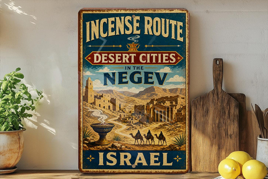 a vintage-style sign advertising the "Incense Route to Desert Cities in the Negov" in Israel.