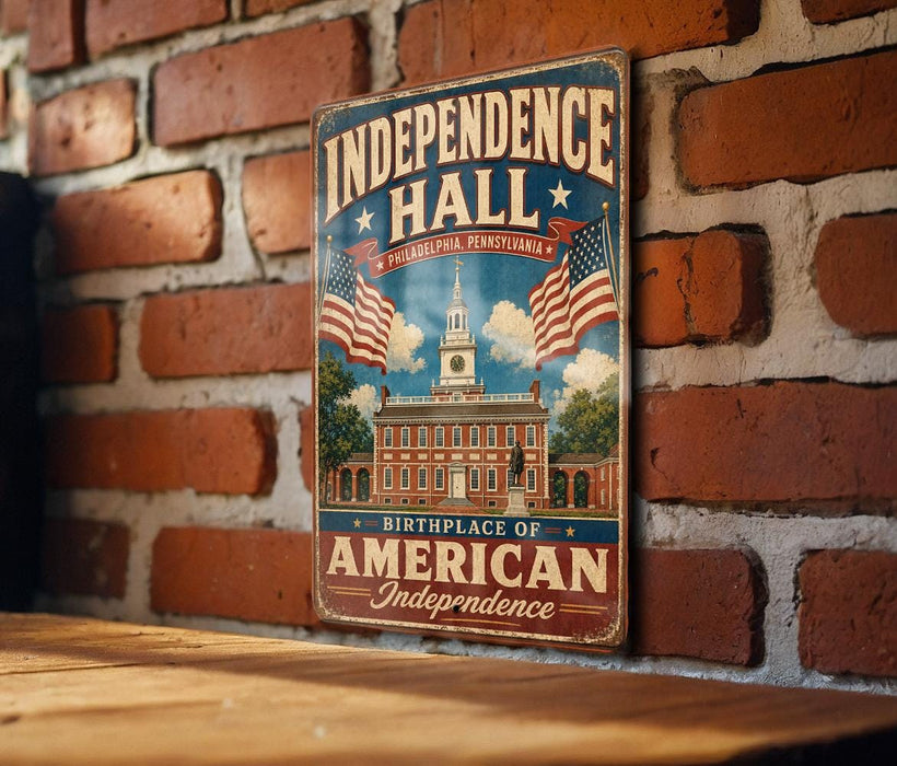 A vintage metal sign with the text "Independence Hall Philadelphia Pennsylvania" and an illustration of a building with a clock tower, mounted on a brick wall.
