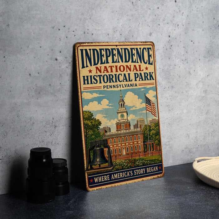 A vintage-style metal sign for Independence National Historical Park in Pennsylvania, featuring an illustration of the Independence Building and the American flag.