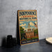 A vintage-style metal sign for Independence National Historical Park in Pennsylvania, featuring an illustration of the Independence Building and the American flag.