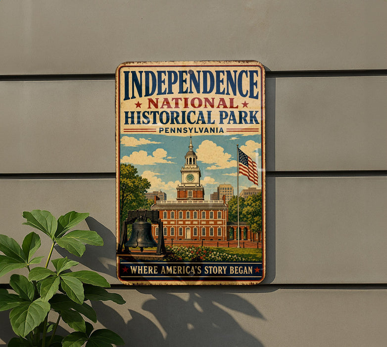 A vintage-style metal sign for Independence National Historical Park in Pennsylvania, featuring an illustration of the Independence Building and an American flag.