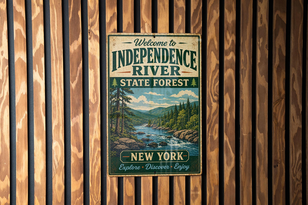 A vintage-style metal sign that reads "Welcome to Independence River State Forest New York Explore Discover Enjoy" is displayed on a wooden wall.