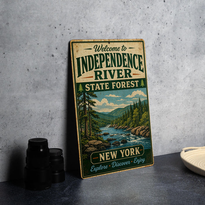 A vintage-style metal sign welcoming visitors to Independence River State Forest in New York, featuring a scenic illustration of the river and forest landscape.