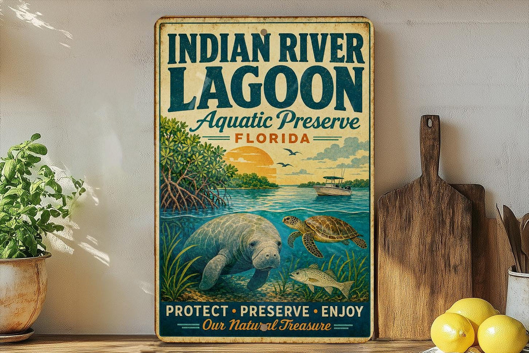 A vintage-style sign for the Indian River Lagoon in Florida, featuring illustrations of manatees, sea turtles, and a sunset over the lagoon.