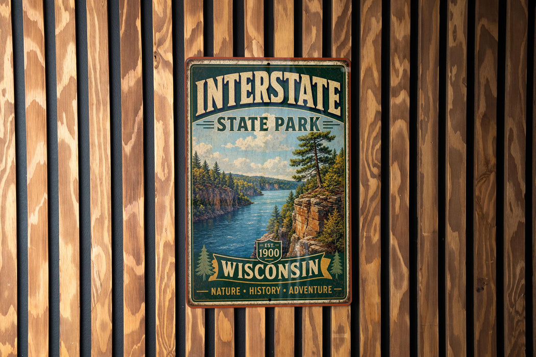 A vintage metal sign for Interstate State Park in Wisconsin, featuring a scenic landscape with a river and mountains.