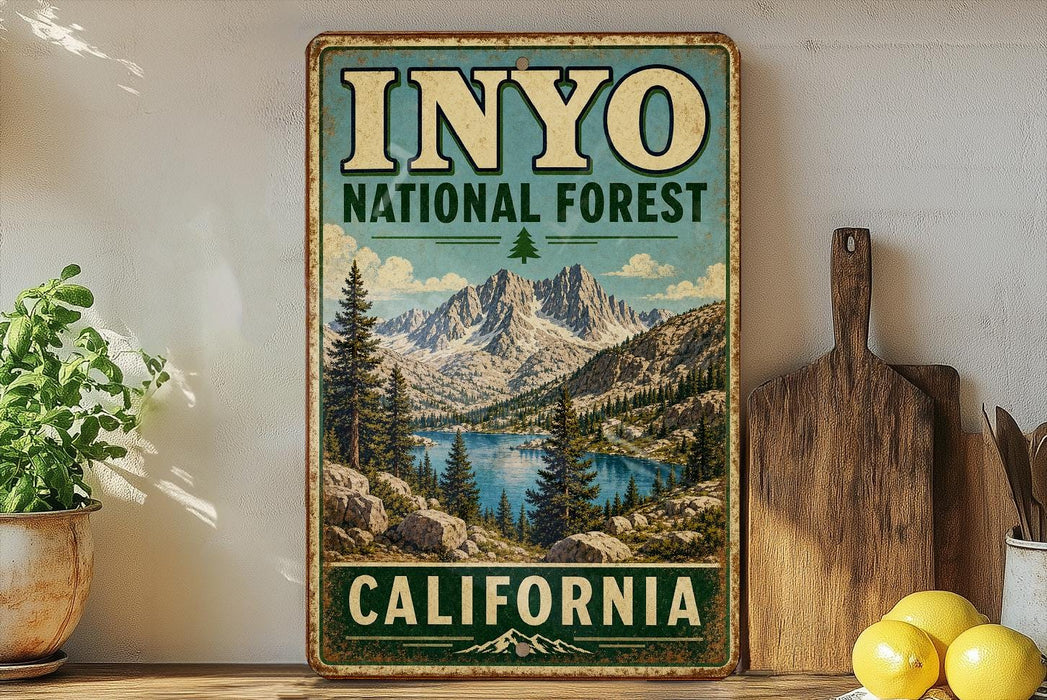 A vintage-style metal sign for Inyo National Forest in California, featuring a scenic mountain landscape with pine trees and a lake.