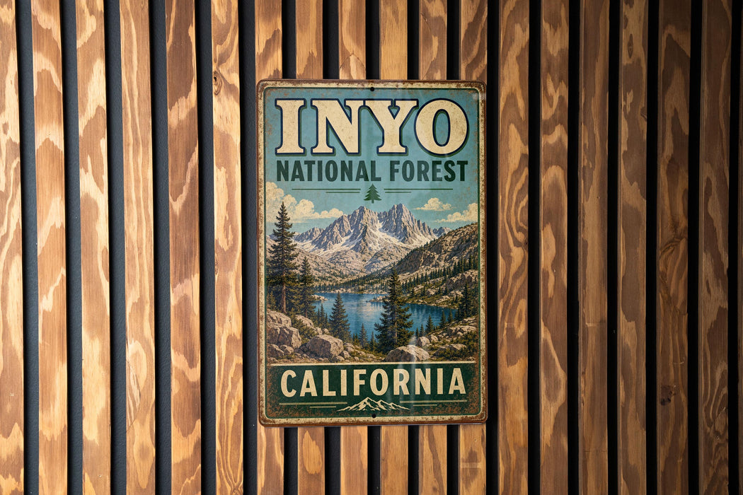 A vintage-style metal sign for Inyo National Forest in California, featuring a scenic mountain landscape.