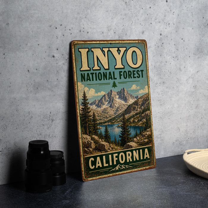 A vintage-style sign for Inyo National Forest in California, featuring a scenic mountain landscape with pine trees and a lake.