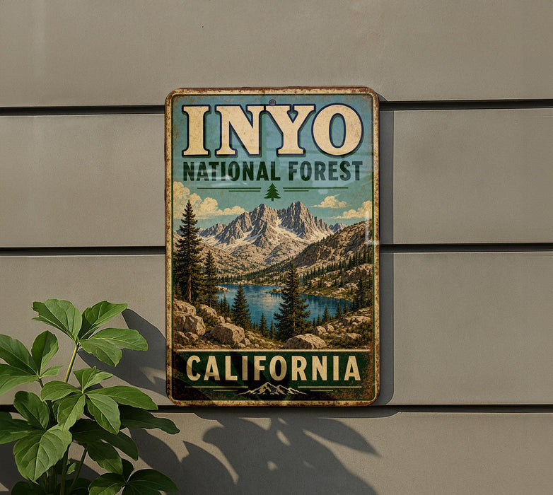 A vintage-style metal sign for Inyo National Forest in California, featuring a scenic mountain landscape with pine trees and a lake.