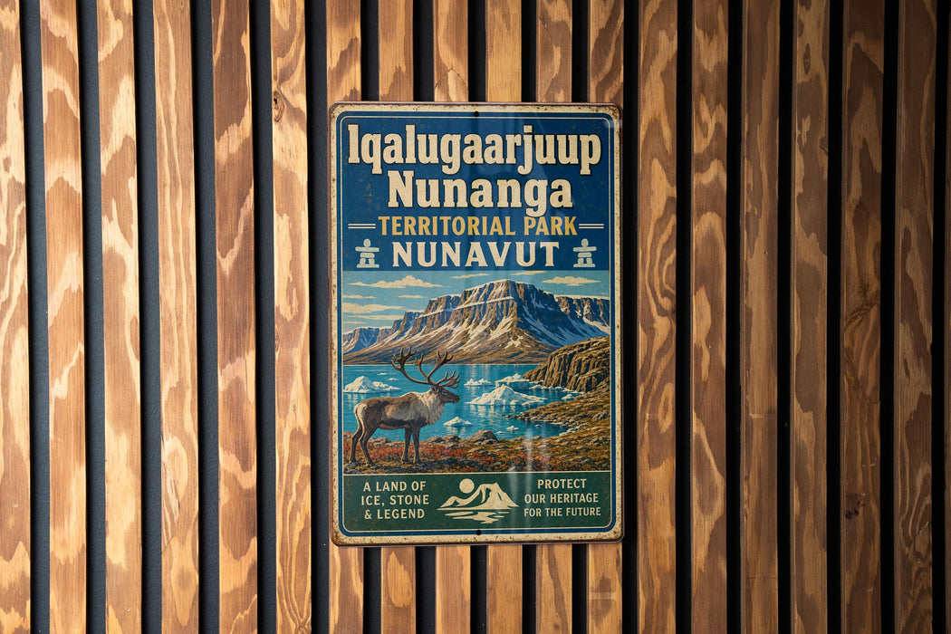 A vintage metal sign for Iqalugaaajup Nunanga Territorial Park, featuring an illustration of a reindeer and a mountainous landscape.