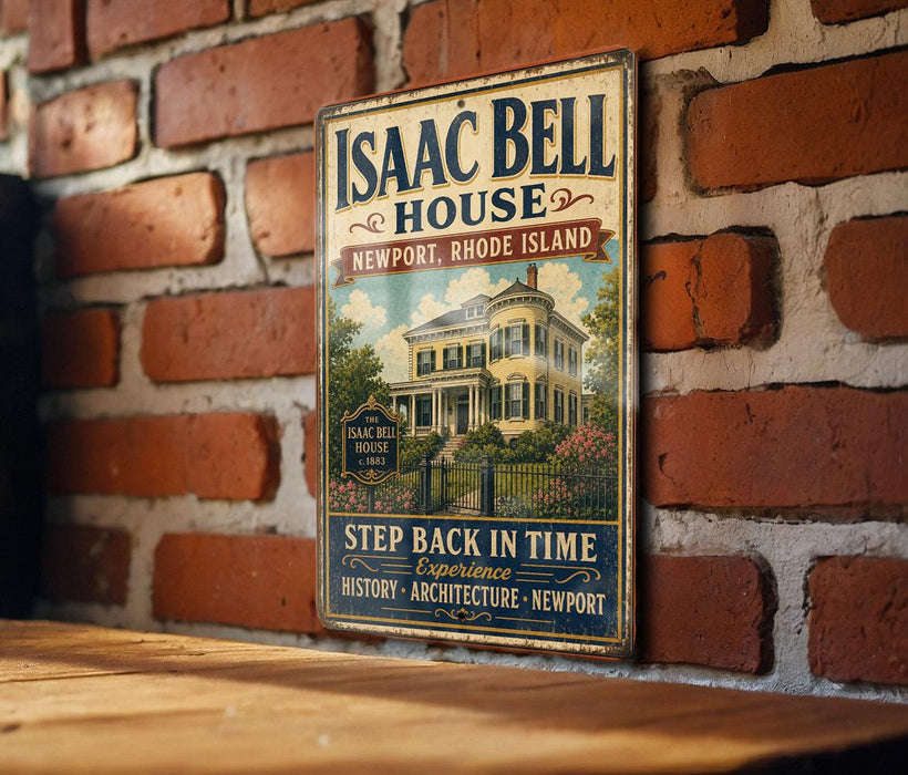 A vintage-style sign for Isaac Bell House in Newport, Rhode Island, featuring an illustration of the house and the text "Step back in time" and "Experience architecture".