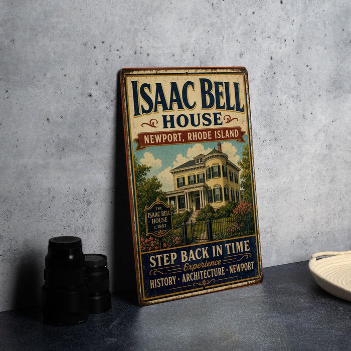 A vintage-style sign for Isaac Bell House in Newport, Rhode Island, featuring an illustration of the house and text promoting the experience of stepping back in time.