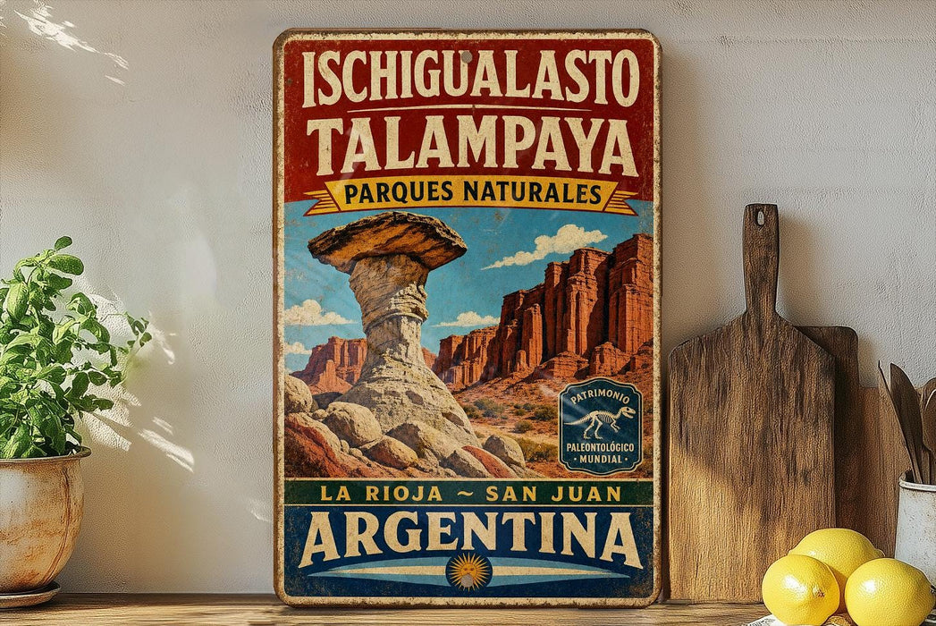 A vintage-style metal sign advertising the Ichigualasto Talpaya, a famous natural landmark in Argentina.