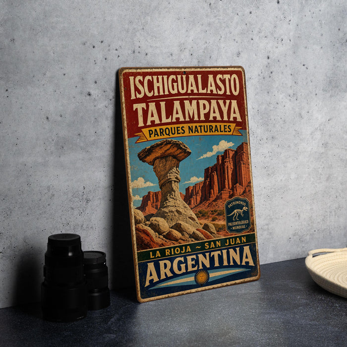 A vintage-style metal sign advertising the Ichigualasto Talampaya, a famous natural landmark in Argentina, featuring a colorful illustration of the rock formation.