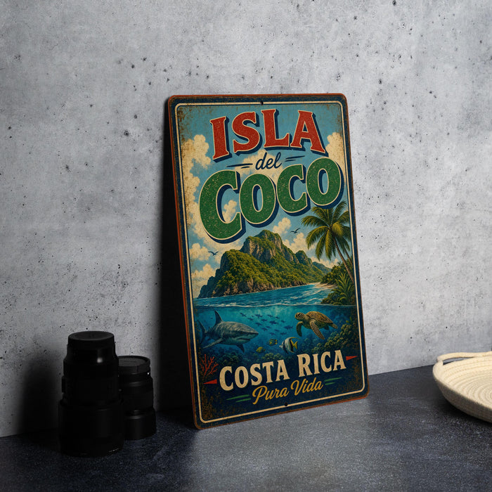 A vintage-style metal sign for the island of Costa Rica, featuring a tropical landscape with palm trees, mountains, and a blue ocean.