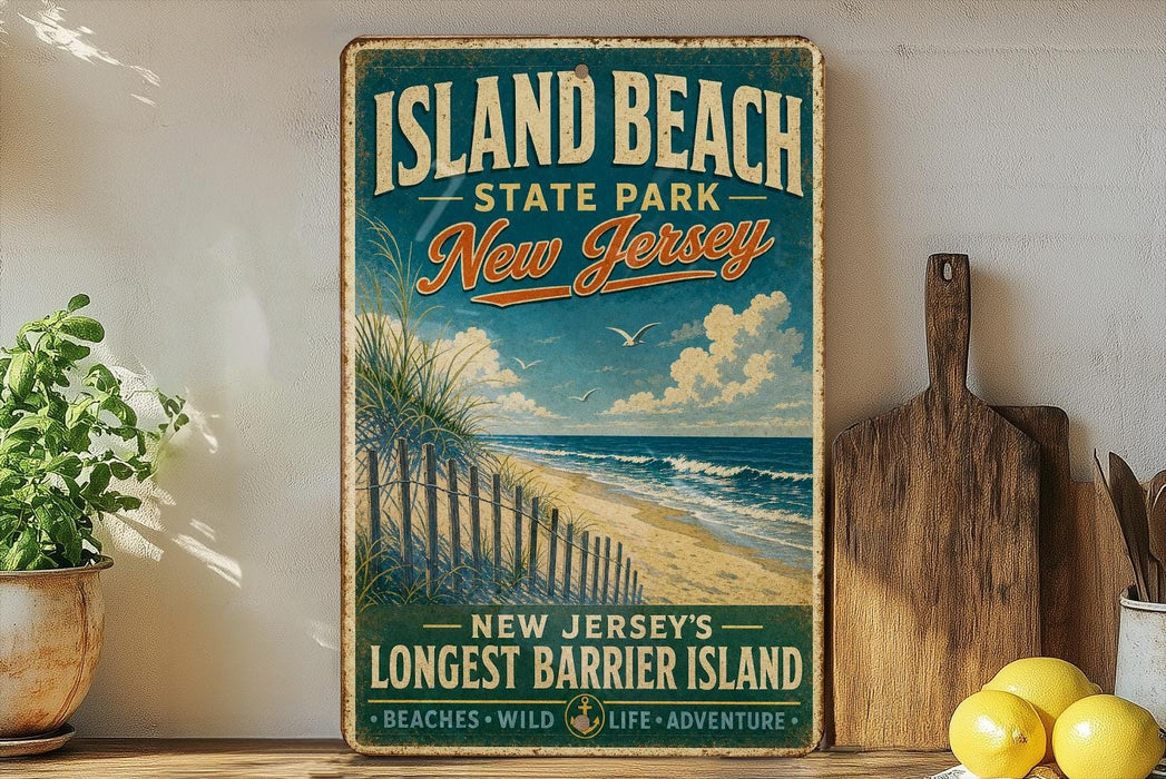 A vintage-style sign for Island Beach State Park in New Jersey, featuring a beach scene with a wooden fence and a bird in flight.
