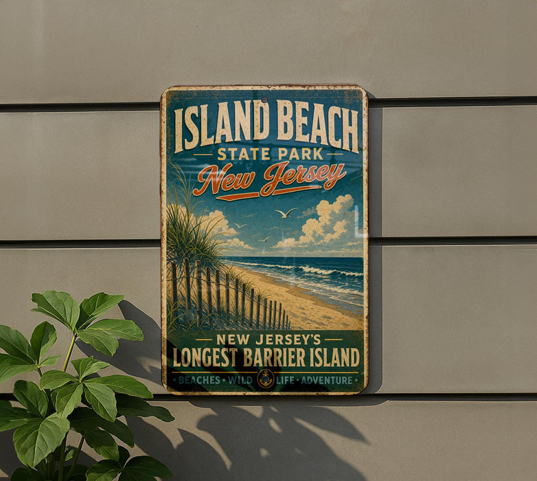 A vintage-style sign for Island Beach State Park in New Jersey, featuring a beach scene with palm trees and a fence, mounted on a wall.