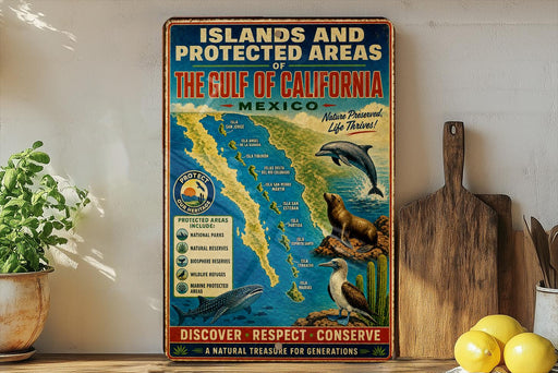 A vintage-style metal sign displaying a map of the Gulf of California and its surrounding areas, with illustrations of various marine life and a message about the importance of protecting the natural environment.