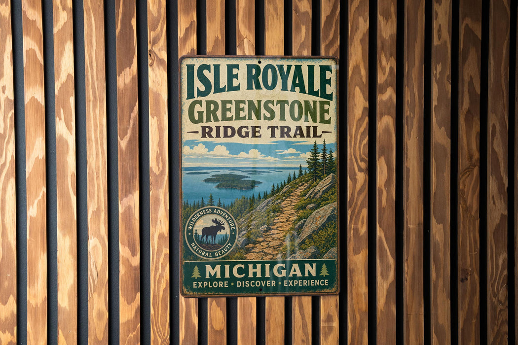 A vintage metal sign for Isle Royale Greenstone Ridge Trail, featuring a scenic mountain landscape with a moose and a trail leading through the forest.