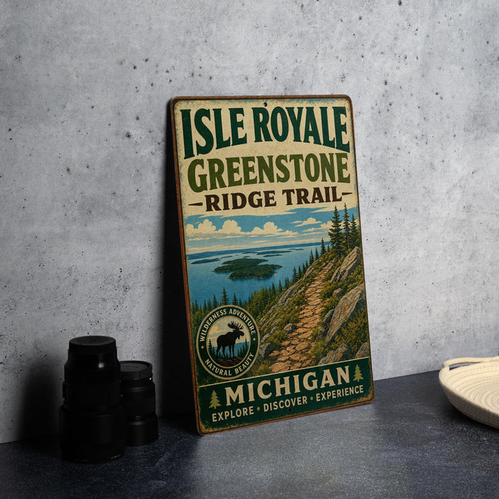 A vintage metal sign for Isle Royale Greenstone Ridge Trail, featuring a scenic illustration of the island and trail, is displayed on a gray countertop next to some black camera lenses.