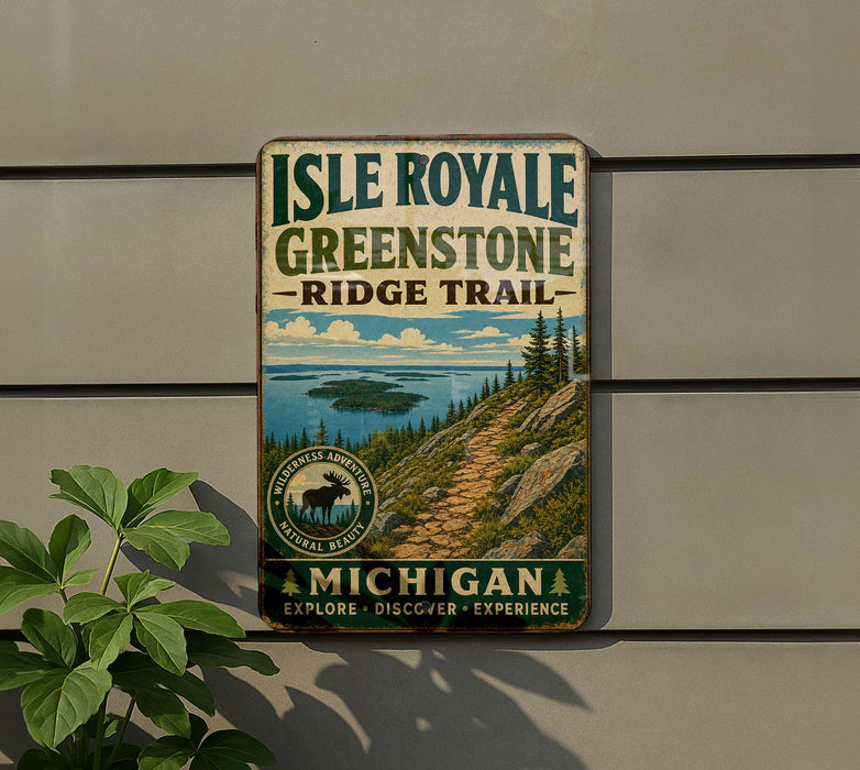 A vintage-style metal sign for Isle Royale Greenstone Ridge Trail, featuring a scenic landscape with a moose and a winding trail.