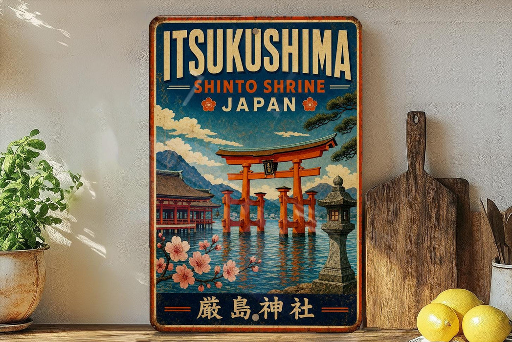A vintage-style poster of the Shinto shrine in Japan, featuring a traditional Japanese torii gate and surrounding landscape.