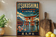 A vintage-style poster of the Shinto shrine in Japan, featuring a traditional Japanese torii gate and surrounding landscape.