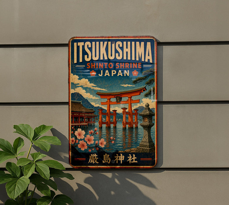 A vintage-style sign for the Shinto shrine in Japan, featuring a traditional Japanese torii gate and a temple surrounded by water.