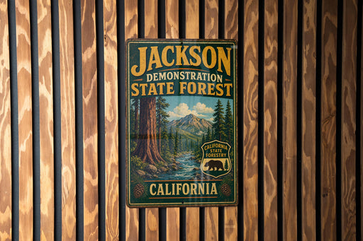 A vintage metal sign for the Jackson State Forest in California, featuring a scenic illustration of a forest and mountains.