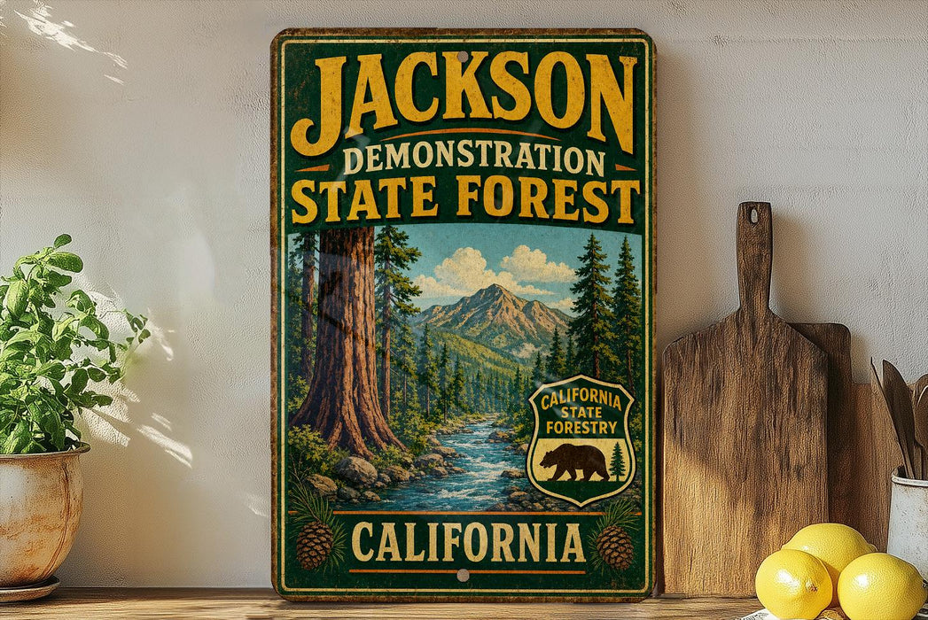 A vintage-style sign for the Jackson State Forest in California, featuring a scenic illustration of a forest with a river and mountains.
