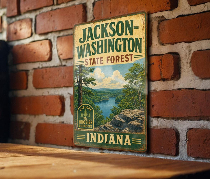 A vintage-style metal sign for Jackson-Washington State Forest, featuring a scenic landscape with a lake and mountains.