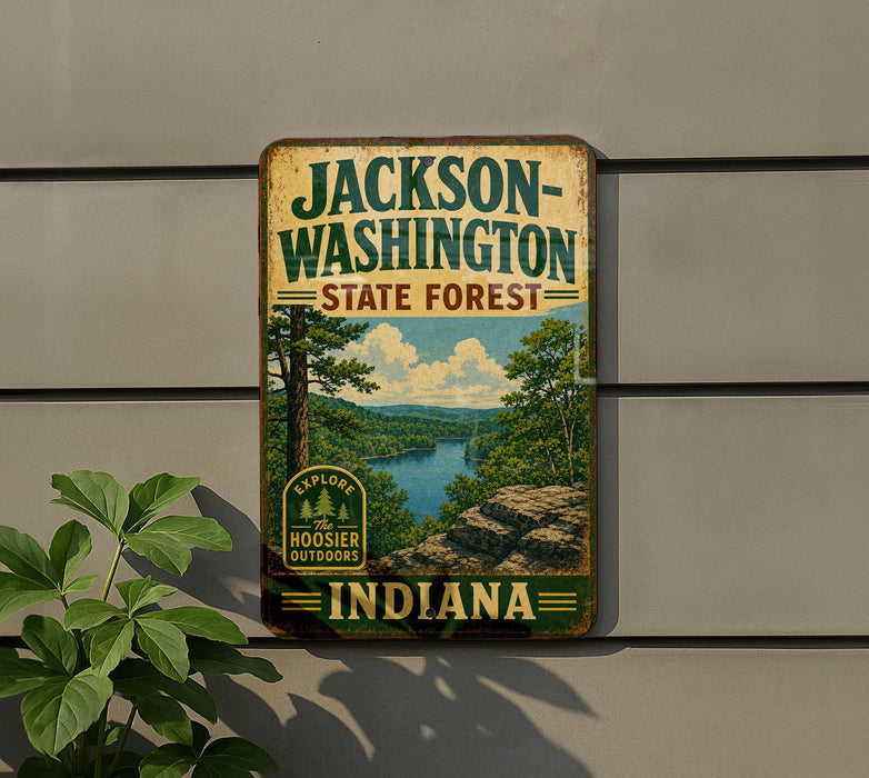 A vintage-style metal sign for Jackson-Washington State Forest in Indiana, featuring a scenic landscape with a river and trees.