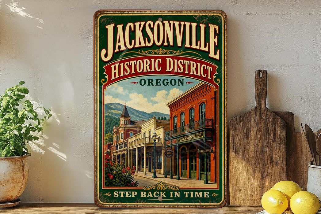 A vintage-style sign for the historic district of Jacksonville, Oregon, featuring an illustration of a historic building and mountain backdrop.
