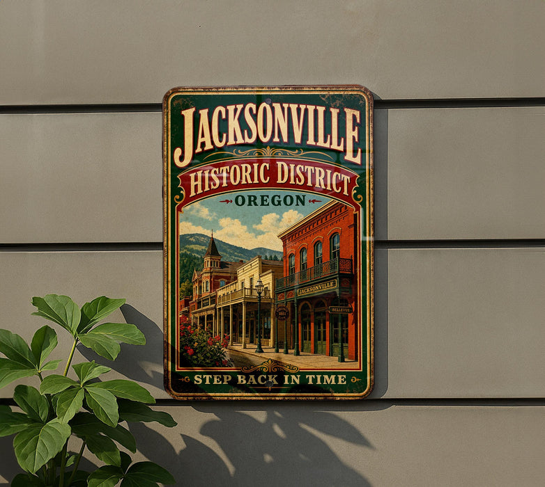 A vintage-style metal sign for the Jacksonville Historic District in Oregon, featuring an illustration of a historic building and the text "Step back in time".