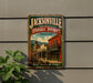 A vintage-style metal sign for the Jacksonville Historic District in Oregon, featuring an illustration of a historic building and the text "Step back in time".