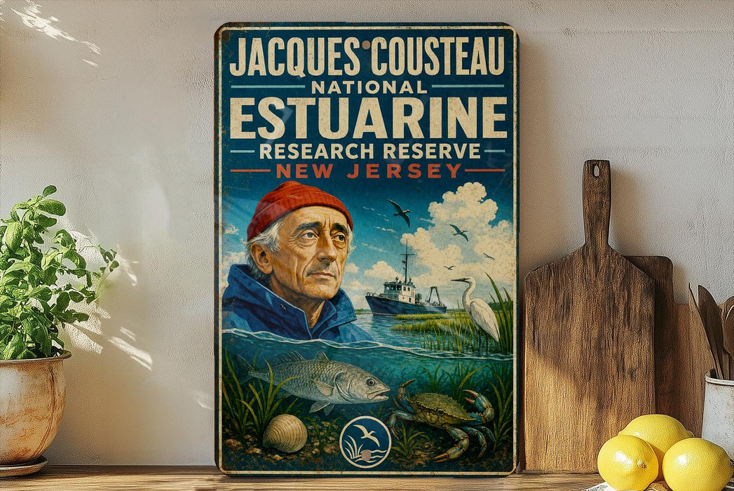 A vintage-style poster featuring a man in a red cap, surrounded by various marine elements such as fish, plants, and a ship, with the text "JACQUES COUSTEAU NATIONAL ESTUARINE RESEARCH RESERVE NEW JERSEY" prominently displayed.