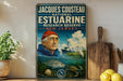 A vintage-style poster featuring a man in a red cap, surrounded by various marine elements such as fish, plants, and a ship, with the text "JACQUES COUSTEAU NATIONAL ESTUARINE RESEARCH RESERVE NEW JERSEY" prominently displayed.