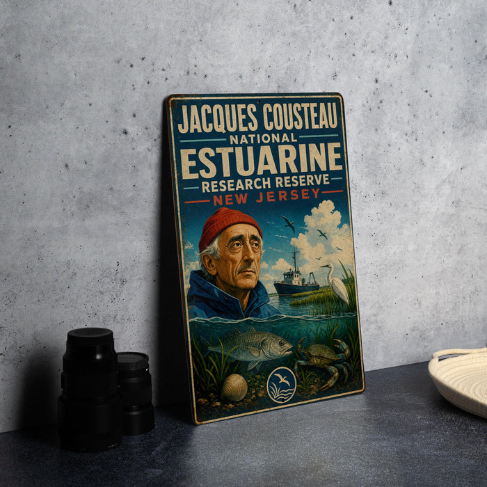 A vintage-style metal sign with a man in a blue coat and red cap, surrounded by a seascape, fish, and a ship, is displayed on a gray countertop.