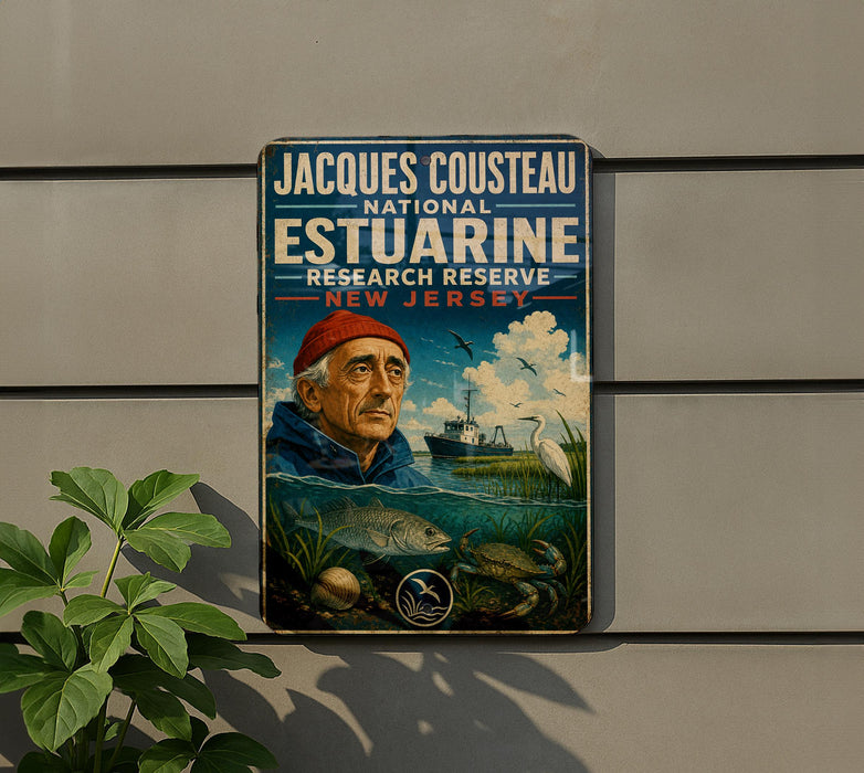 A vintage-style poster featuring a man in a red cap, surrounded by various marine elements such as fish, plants, and a ship, all set against a backdrop of a cloudy sky.
