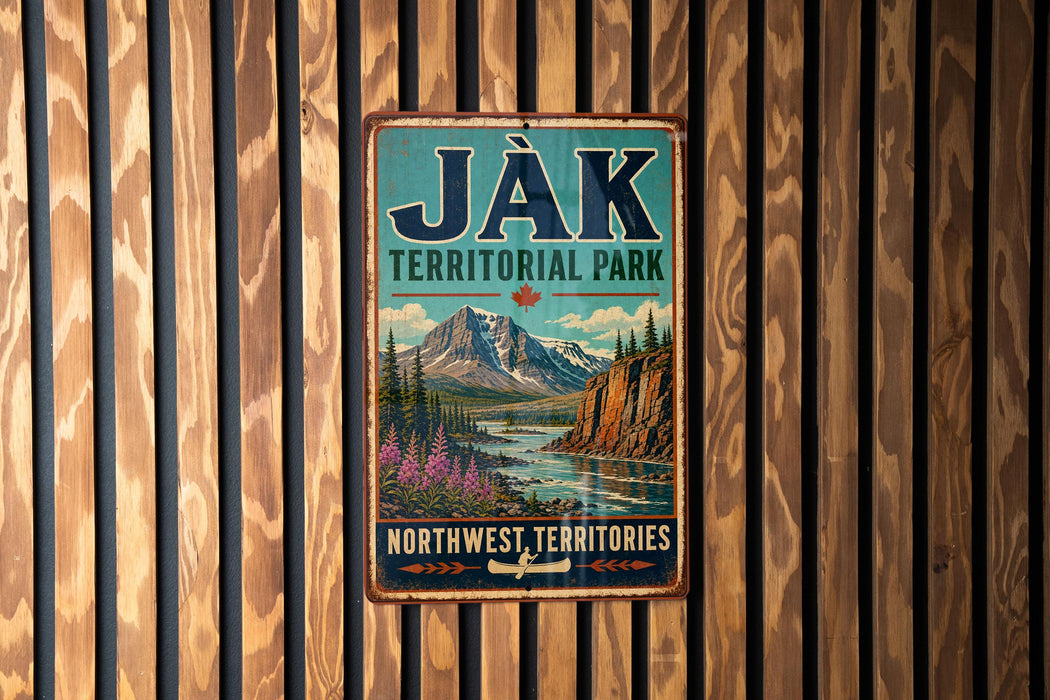 A vintage-style metal sign for "Jak Territorial Park" is displayed on a wooden wall.
