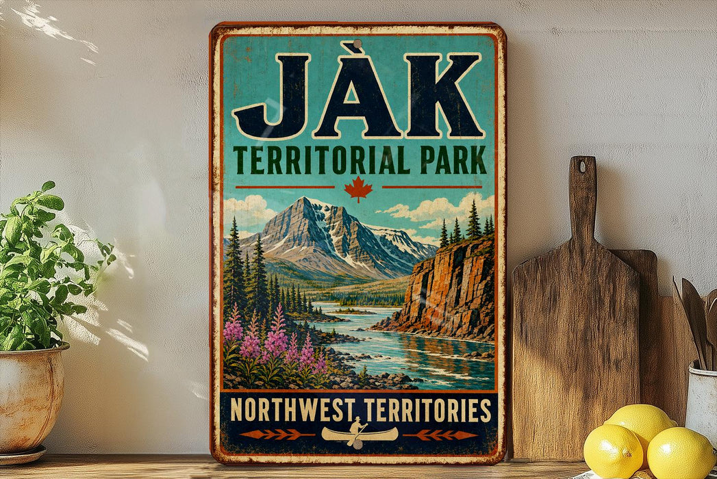 A vintage-style metal sign for "Jak Territorial Park" in Northwest Territories, featuring a scenic mountain landscape with a river and pine trees.