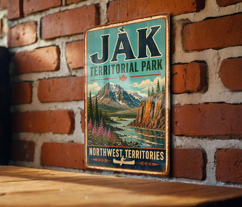 A vintage-style metal sign with the text "JAK TERRITORIAL PARK NORTHWEST TERRITORIES" is displayed on a brick wall.